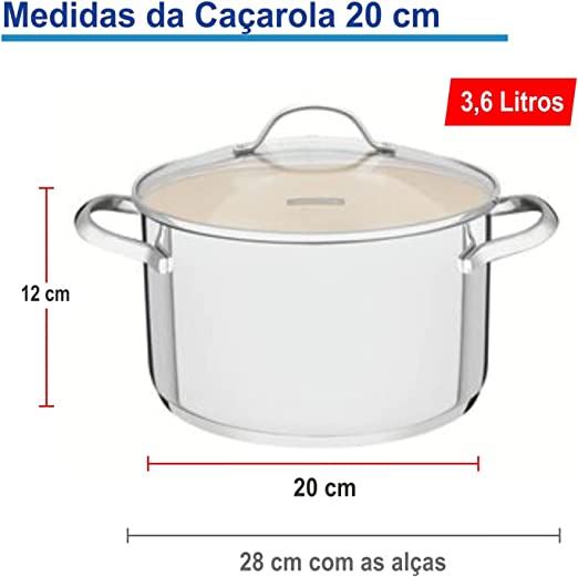 Jogo Panelas Tramontina 4 Pç Aço Inox Cerâmica Triplo Una Bege