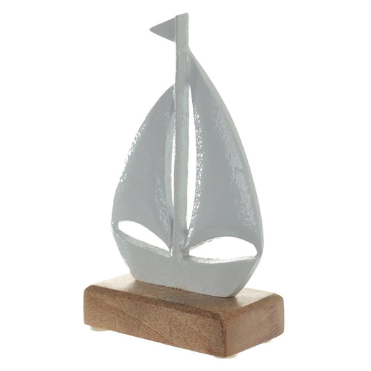 Escultura decorativa Barco em Metal Branco Base Madeira 17cm