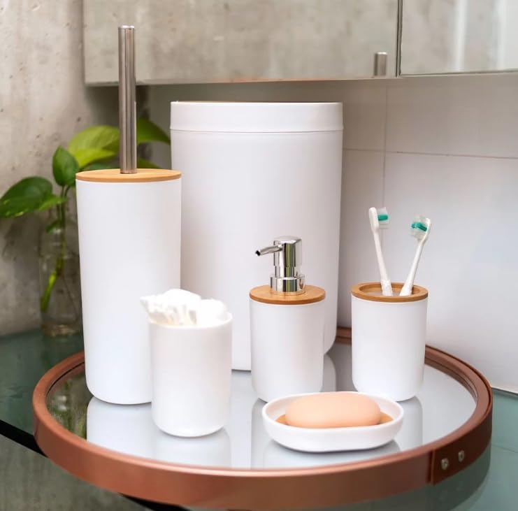 Conjunto de 6 Peças de Bambu para Banheiro Branco Lyor