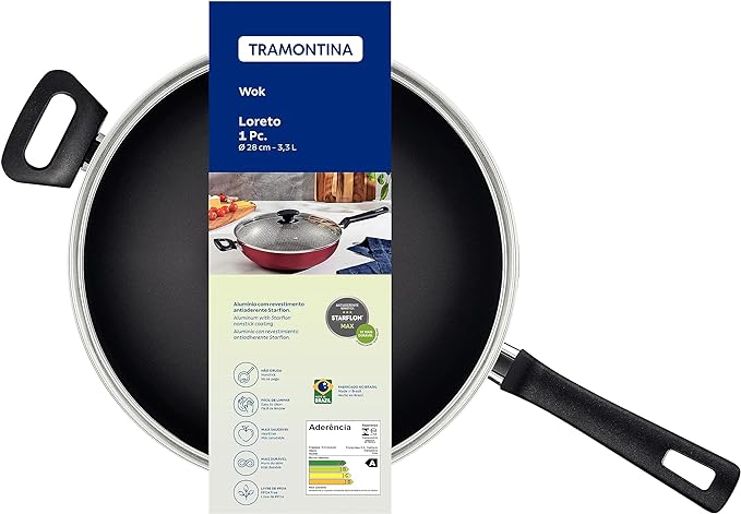Wok Tramontina Alumínio Antiaderente Loreto Tampa Vidro 28cm Grafite