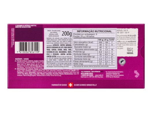 Chocolate Suíço ao Leite 31% Cacau com Cranberry, Amêndoas e Avelãs Cailler Tablete de 200g