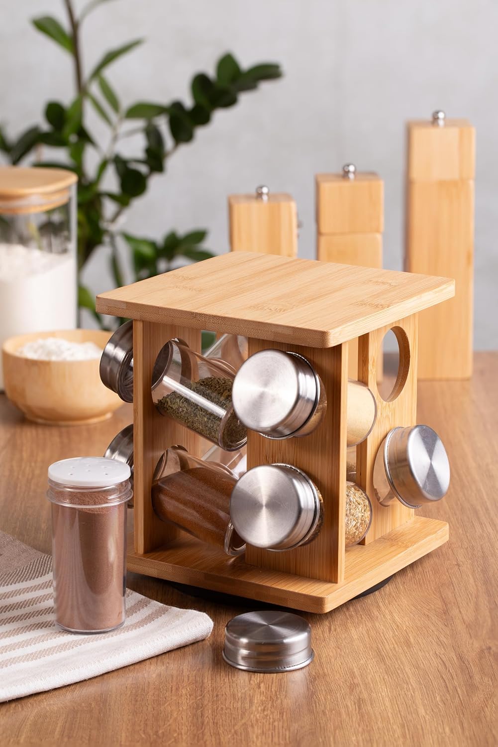 Porta Condimentos Giratório Bambu 8 Peças Mimo Style