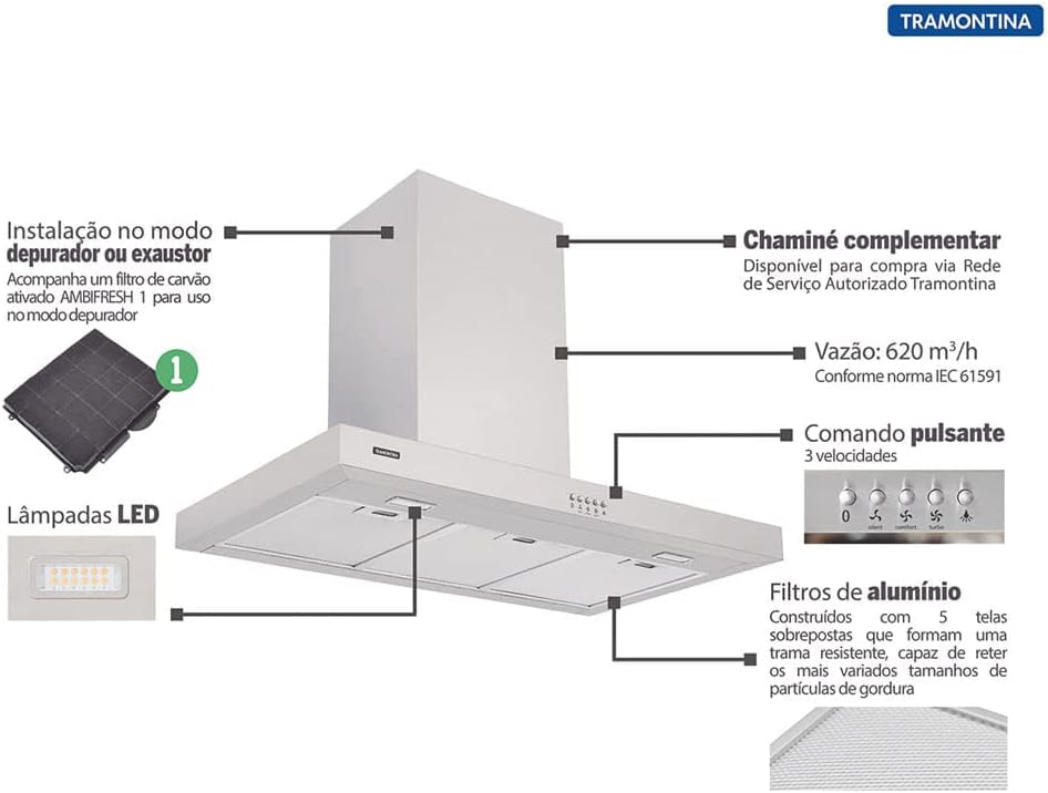 Coifa de Parede Inox New Dritta Tramontina Inox 90cm