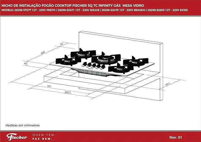 Fogão Cooktop Fischer 5Q TC Infinity Gás Mesa Vidro Preto Bivolt