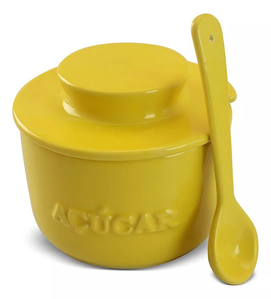 Açucareiro Com Colher Cerâmica Ceraflame Amarelo Gourmet