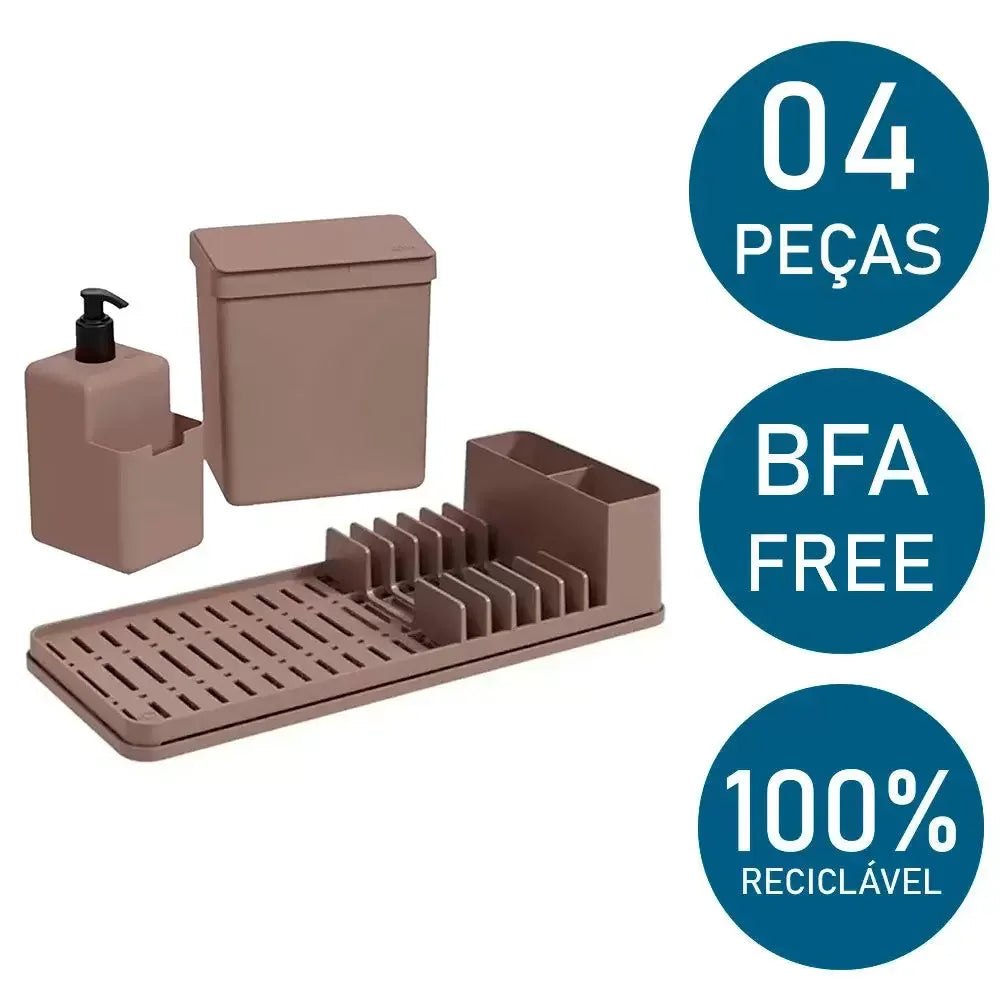Kit Organizador Pia Cozinha Com Escorredor Coza 4Pçs Cinza