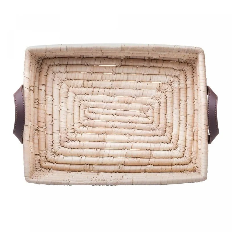 Bandeja Retangular Decorativa de Fibra Natural e Alça em Couro Lyor 37x27x7cm