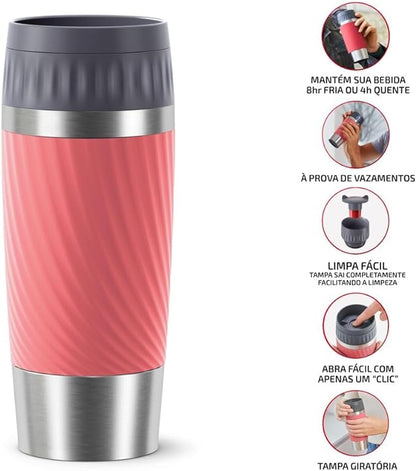 Copo Térmico Com Tampa Tefal Easy Twist Rosa 360ml