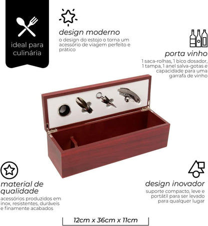 Porta Vinho com 5 Peças em Caixa de Madeira Mimo Style