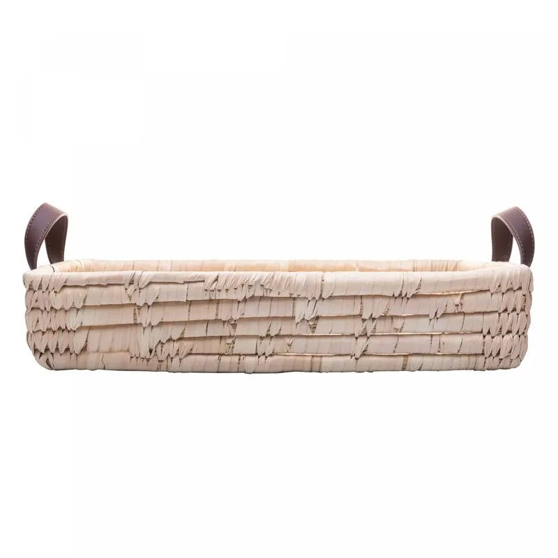 Bandeja Retangular Decorativa de Fibra Natural e Alça em Couro Lyor 37x27x7cm