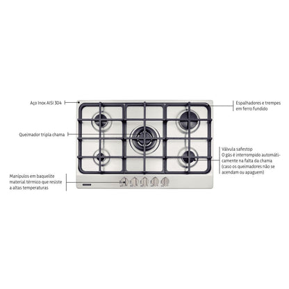 Cooktop a Gás Tramontina New Penta em Aço Inox e Trempes em Ferro Fundido com Acendimento