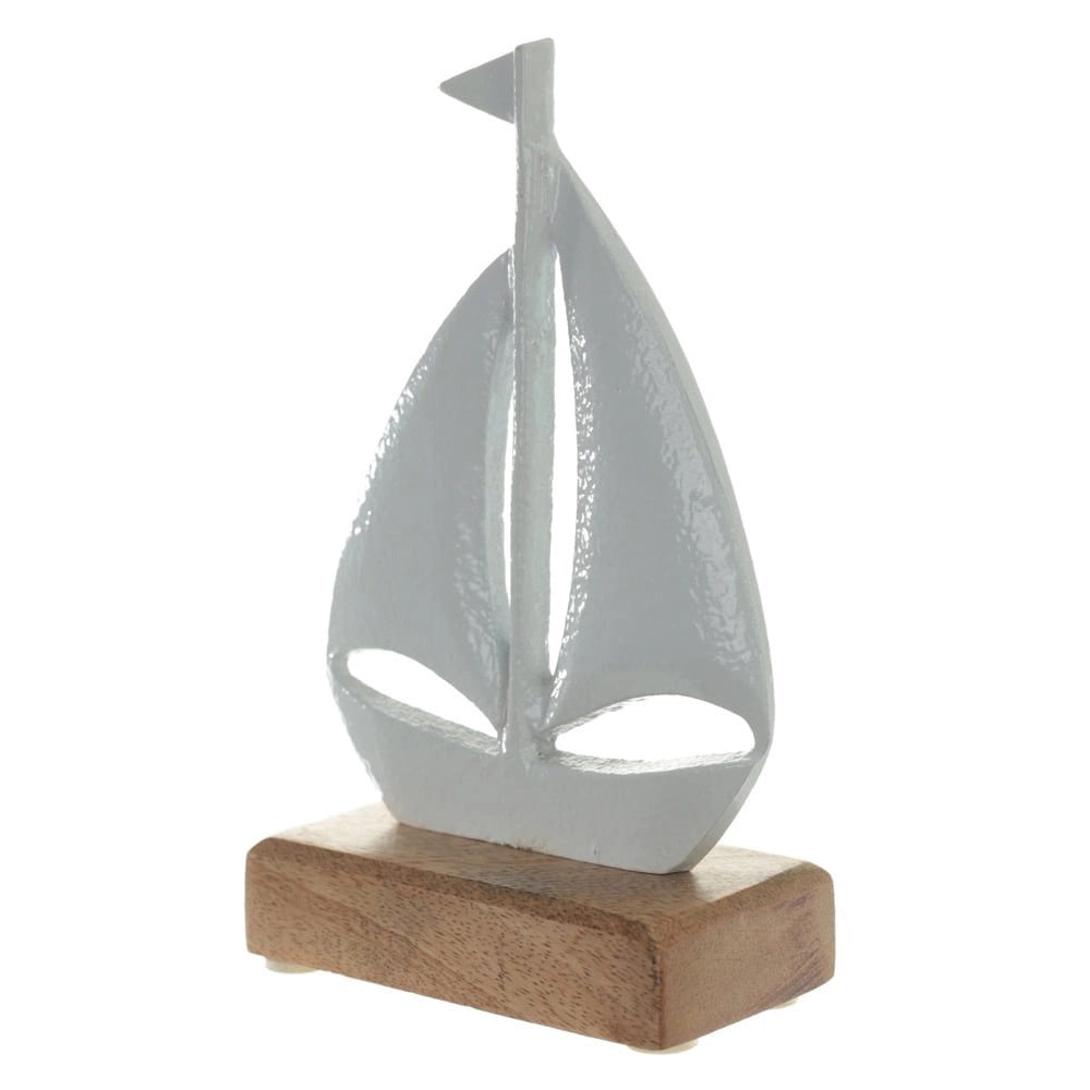 Escultura decorativa Barco em Metal Branco Base Madeira 17cm