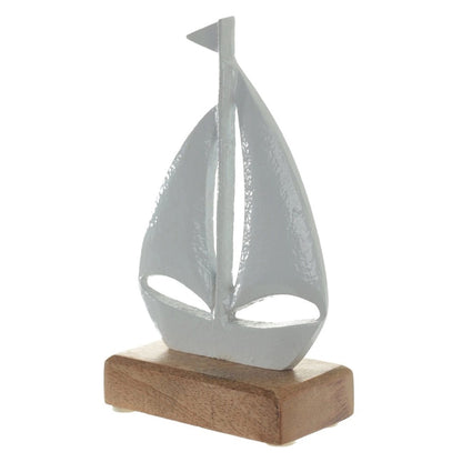 Escultura decorativa Barco em Metal Branco Base Madeira 17cm