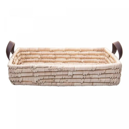 Bandeja Retangular Decorativa de Fibra Natural e Alça em Couro Lyor 37x27x7cm