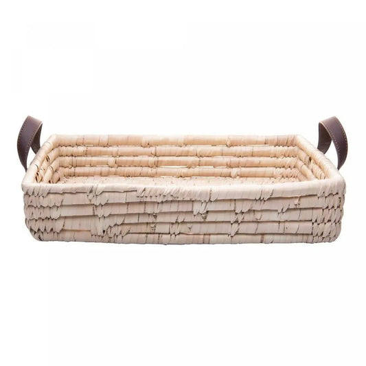 Bandeja Retangular Decorativa de Fibra Natural e Alça em Couro Lyor 37x27x7cm