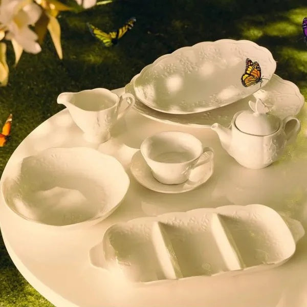 Petisqueira Com 3 Divisórias Em Porcelana Butterfly Flower Lyor 34x14,5cm