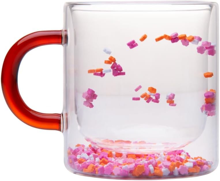 Caneca Parede Dupla de Vidro Borossilicato com Alça Vermelha Flower Lyor 300ml