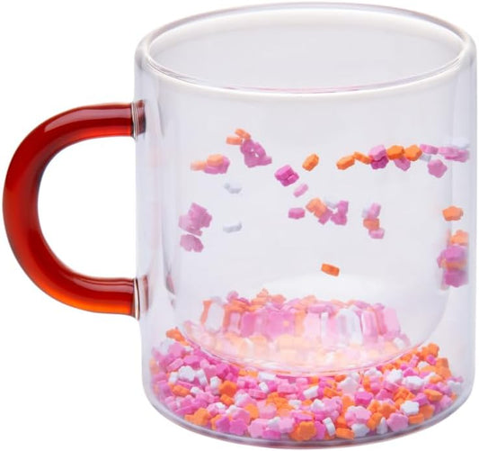 Caneca Parede Dupla de Vidro Borossilicato com Alça Vermelha Flower Lyor 300ml