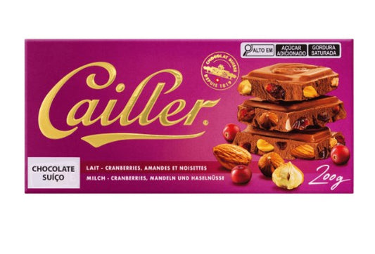Chocolate Suíço ao Leite 31% Cacau com Cranberry, Amêndoas e Avelãs Cailler Tablete de 200g