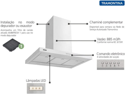 Coifa de Parede Inox New Dritta Isla 90 Tramontina