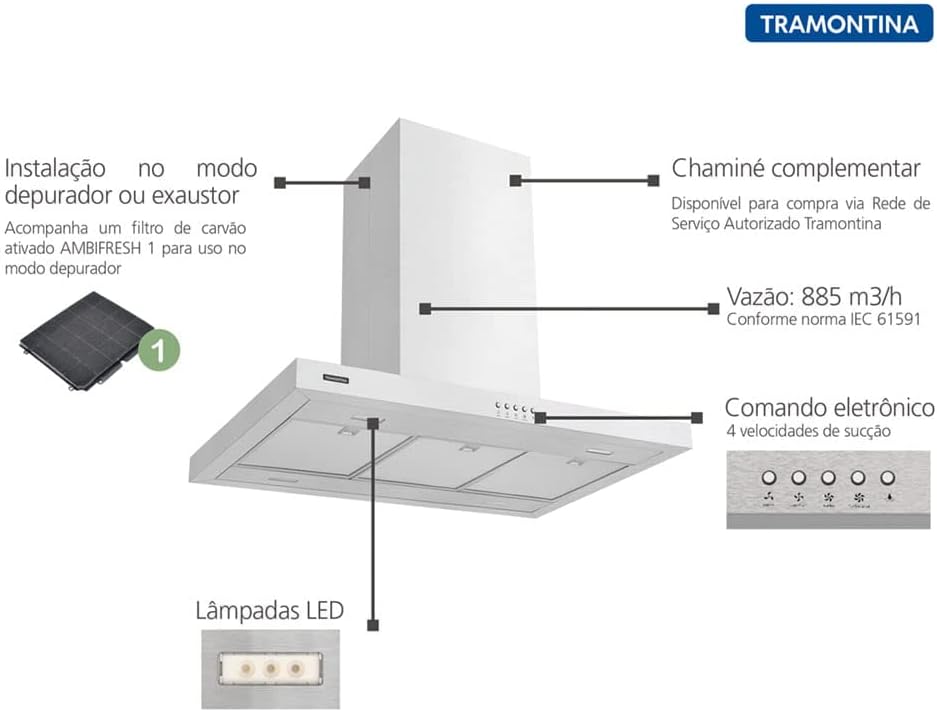 Coifa de Parede Inox New Dritta Isla 90 Tramontina