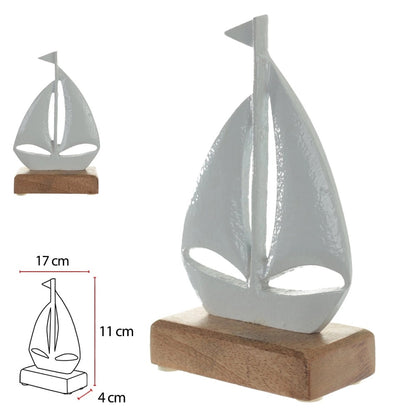 Escultura decorativa Barco em Metal Branco Base Madeira 17cm
