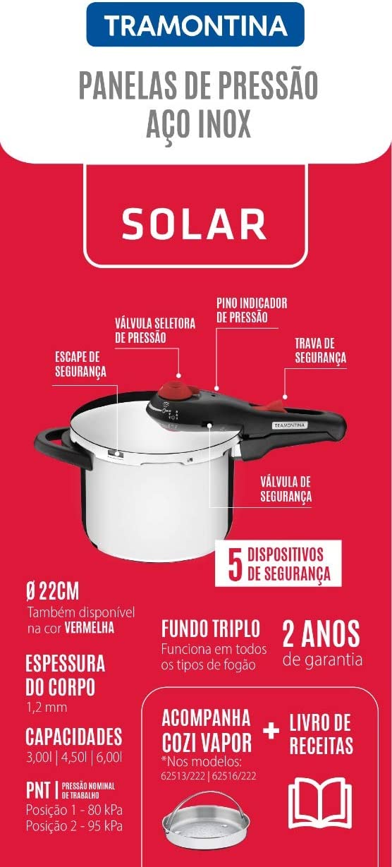 Panela Pressão Tramontina Aço Inox Solar Polida  6 L 22 cm