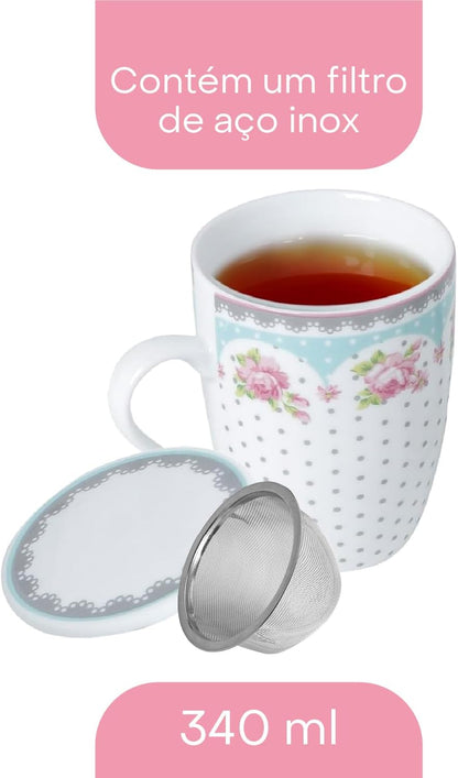 Caneca de Porcelana Super White com Tampa e Filtro Amelia Verde/Branca 340ml
