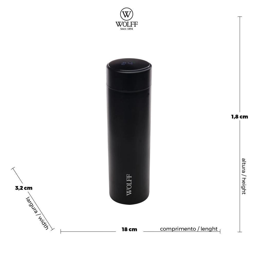 Garrafa Térmica Aço Inox Termômetro em LED Preta 500ml Wolff