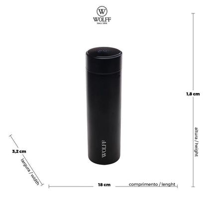 Garrafa Térmica Aço Inox Termômetro em LED Preta 500ml Wolff